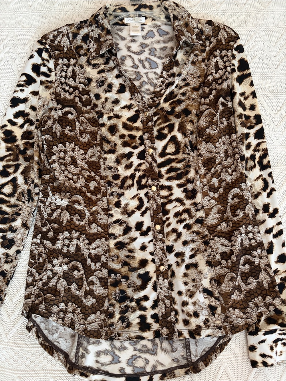 Cache Brown and Cream Leopard Lace-Overlay Soft Button-Down Shirt